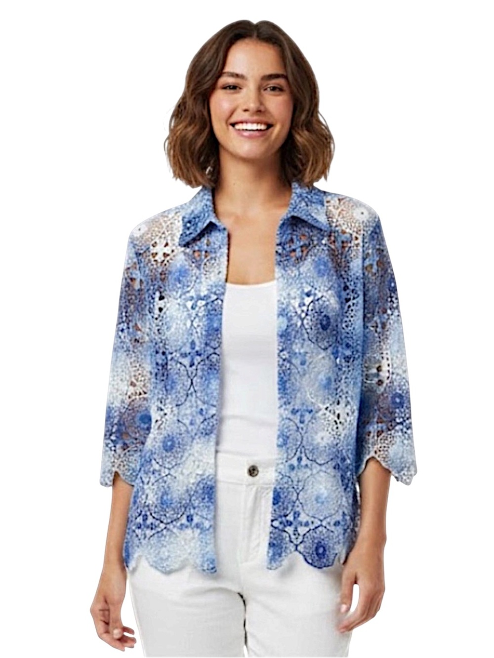 Alfred Dunner Blue Tie Dye Floral Medallion Lace Jacket Size Large Petite